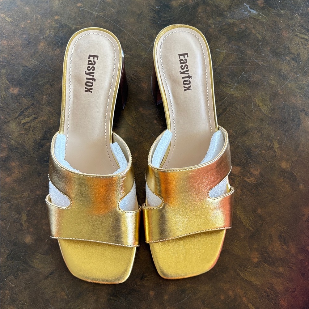Gold Women’s Open-Toe Chunky Heeled Mules - Picture 4 of 9
